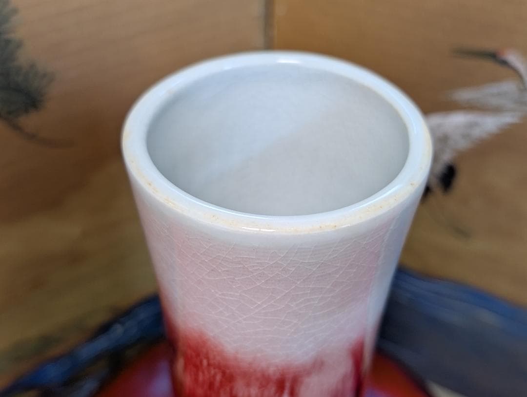 景徳鎮　窯変紅釉天球瓶　倣均窯　花瓶　箱入