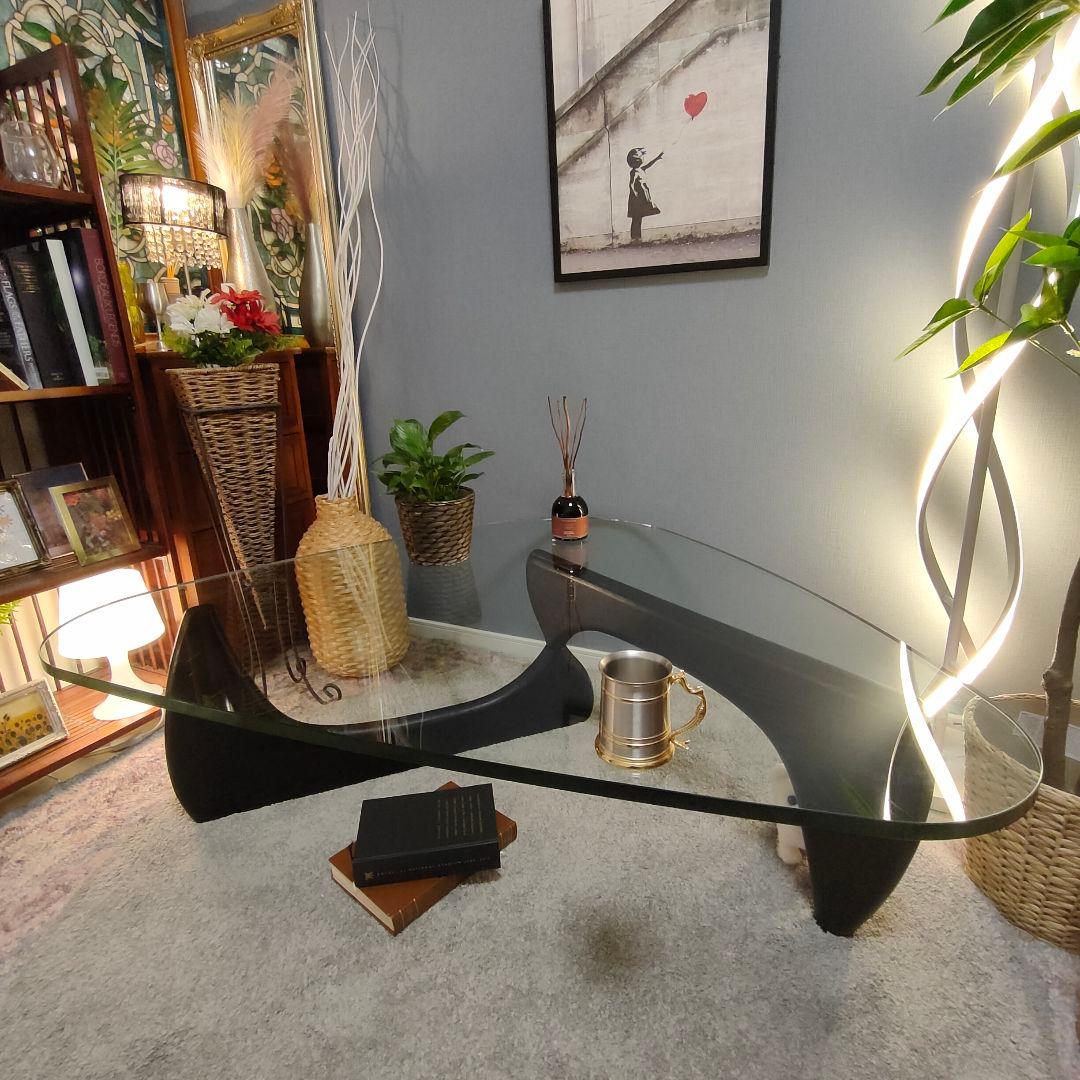 イサム・ノグチ リプロ ガラスローテーブル モダンデザイン 黒脚