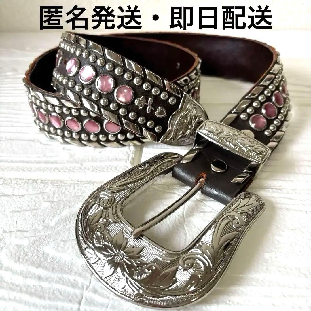 高級✨Kippys スワロフスキー スタッズ 装飾 ブラウンレザーベルト ピンク
