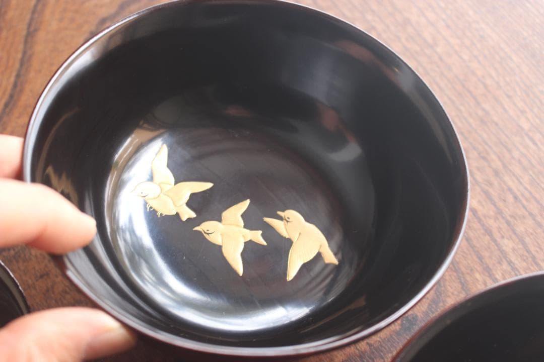 デッドストック！風情ある糸目地に優美な雀稲穂蒔絵の映えるお椀2点（検蒔絵椀雑煮椀