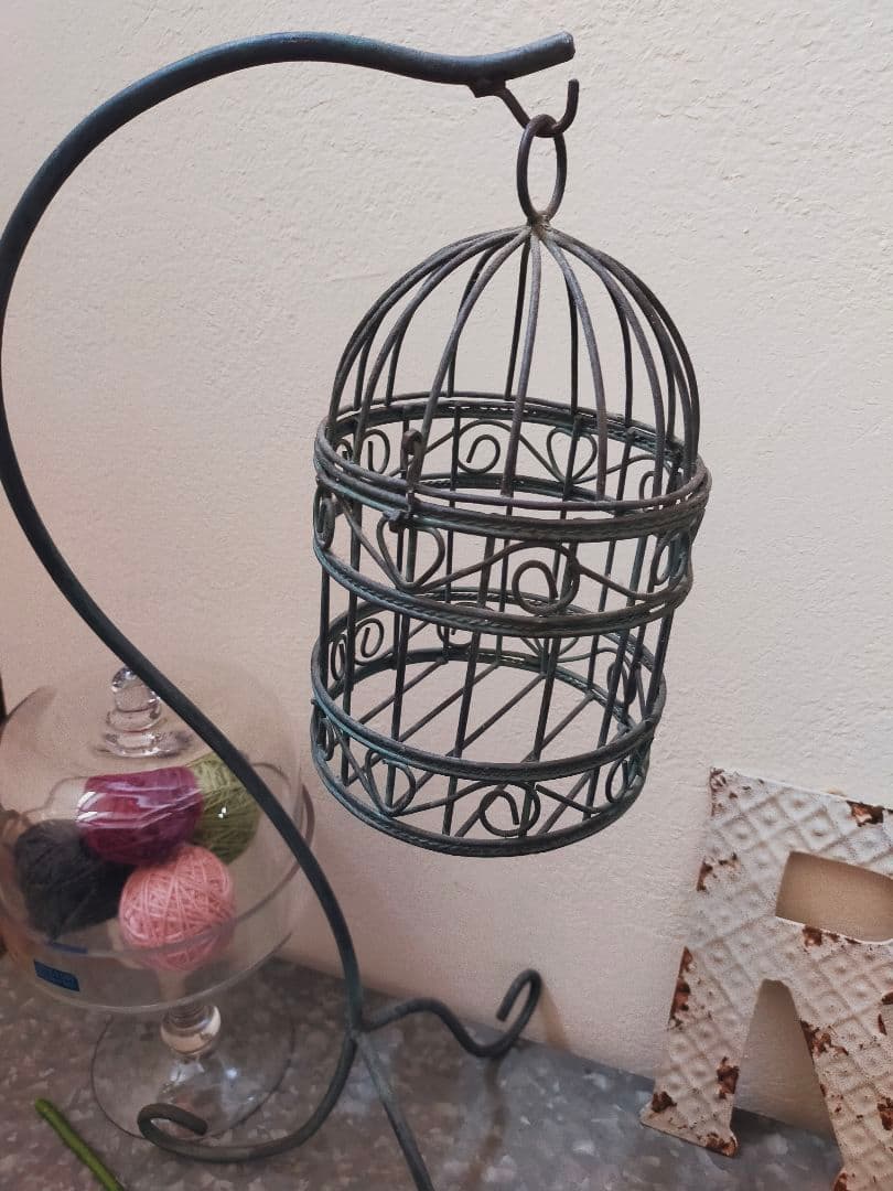 アンティーク　シャビー　鳥かご　バードゲージ　スタンド付　オブジェ