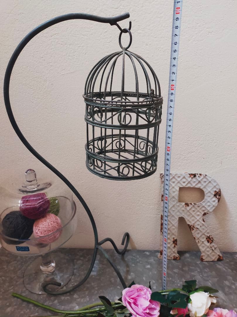 アンティーク　シャビー　鳥かご　バードゲージ　スタンド付　オブジェ