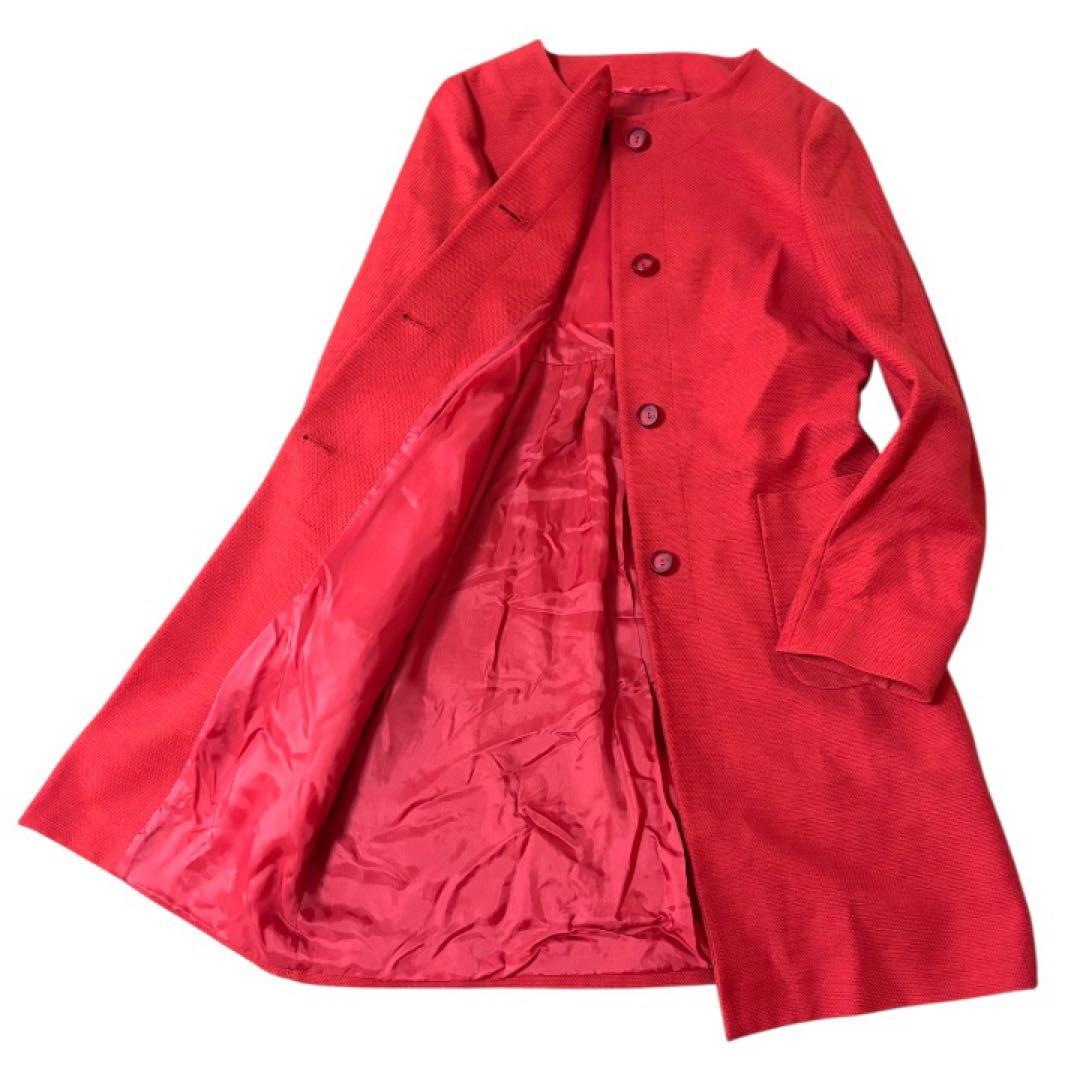 【美品】マックスマーラMaxMara STUDIO★ノーカラー★ミドルコートL赤