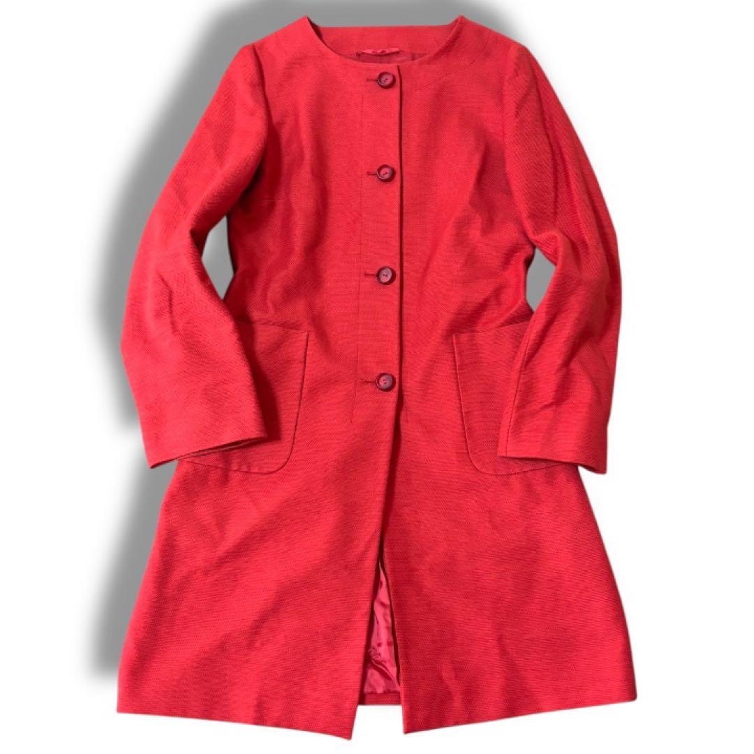 【美品】マックスマーラMaxMara STUDIO★ノーカラー★ミドルコートL赤