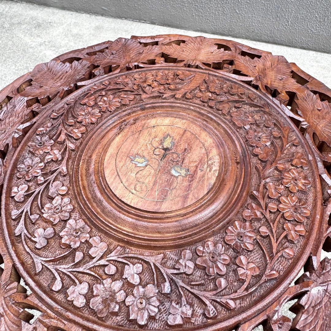 アンティーク 木製テーブル シーシャムウッド サイドテーブル ラウンド 彫刻