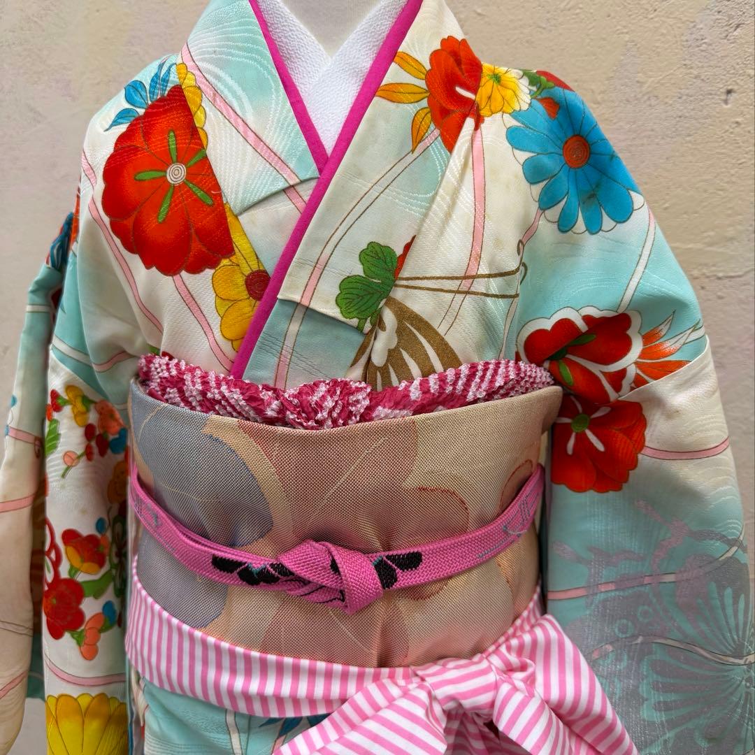 No.k001 七五三 7歳 着物 フルセット 水色 レトロ柄 ※シミあり