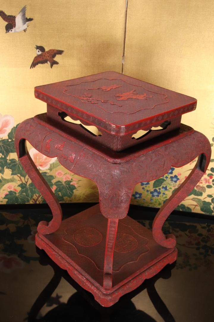 EE020　中国古玩 唐物 花唐草彫文 堆朱 高卓 花台 飾台 香炉台 45cm