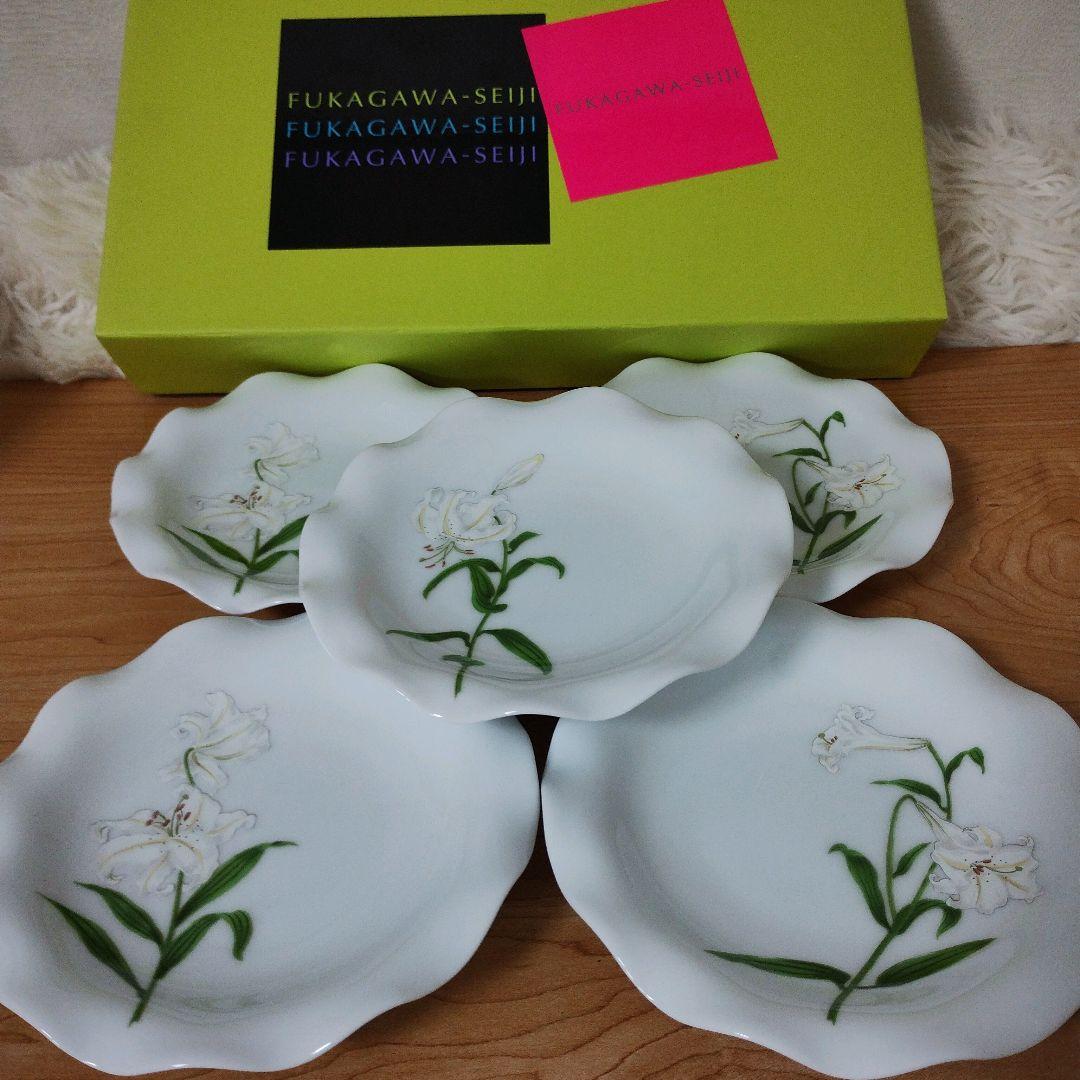 ✨️未使用品✨️ 深川製磁 白百合 フリルトレイ 波型陶磁器皿 5枚セット