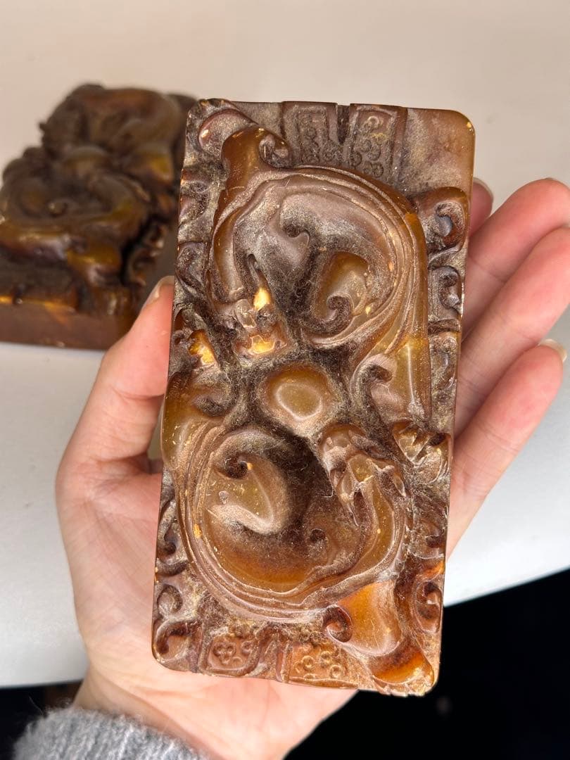 AC田黄石寿山石 龍紋彫刻 印章 大サイズ 二点セット 中国古美術 时代物