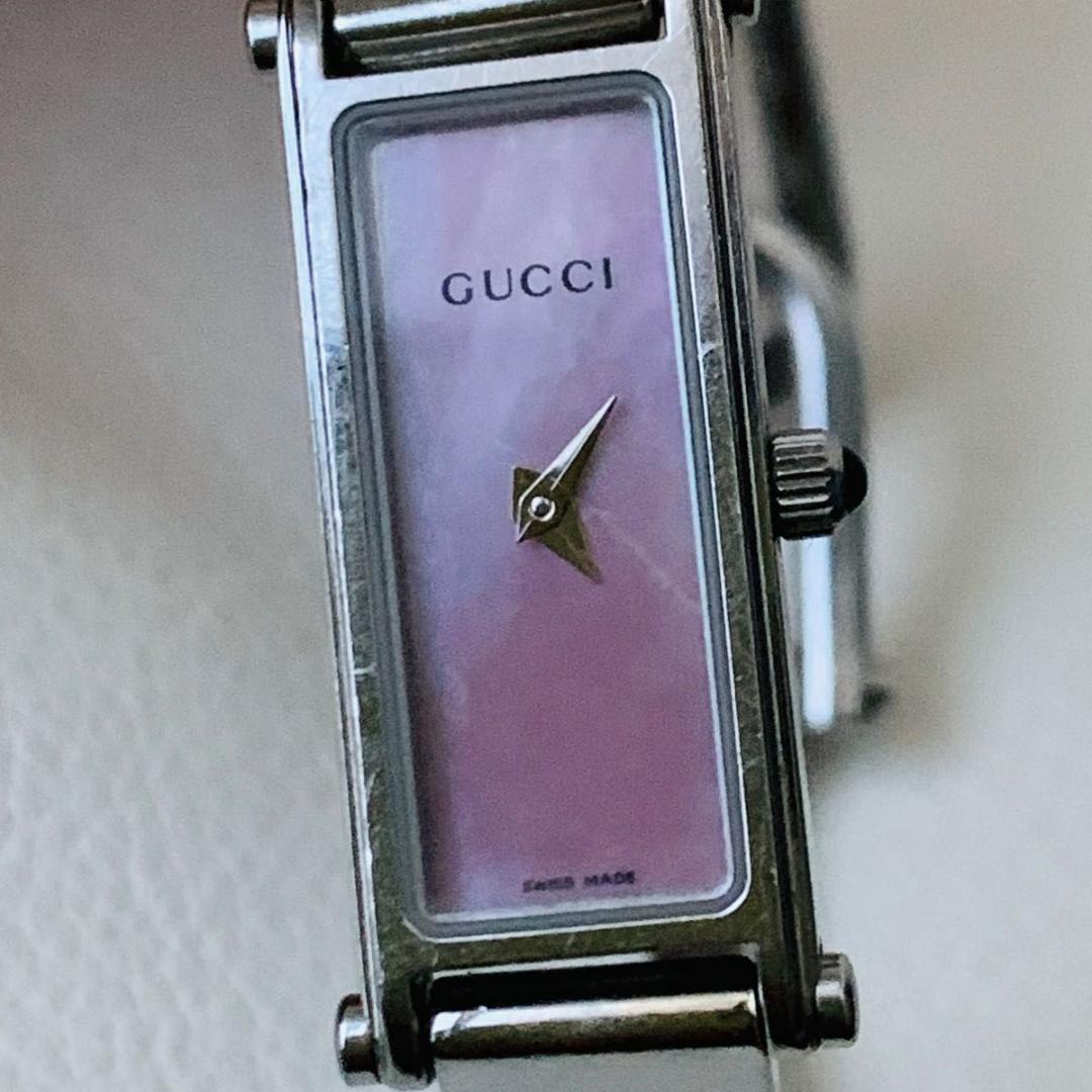 稼働品 グッチ 時計 バングル 1500L ピンク シェル スクエア GUCC
