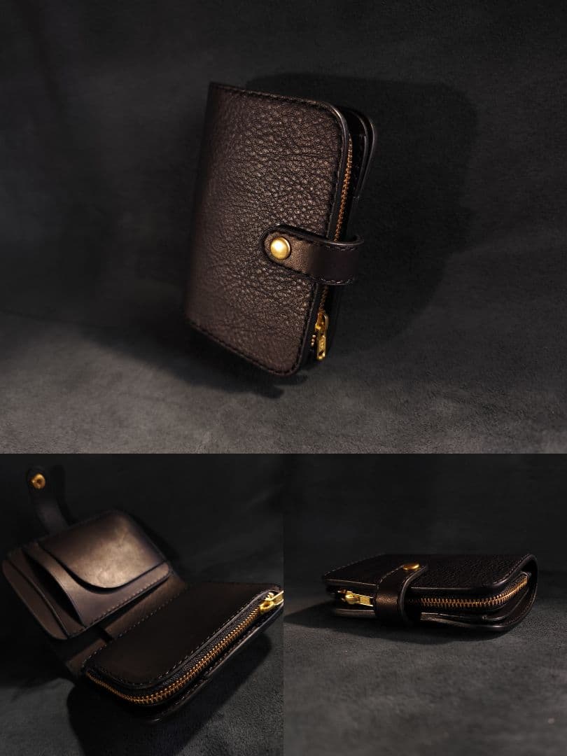 ミント　牛革ショートウォレット　ブラック×ゴールド