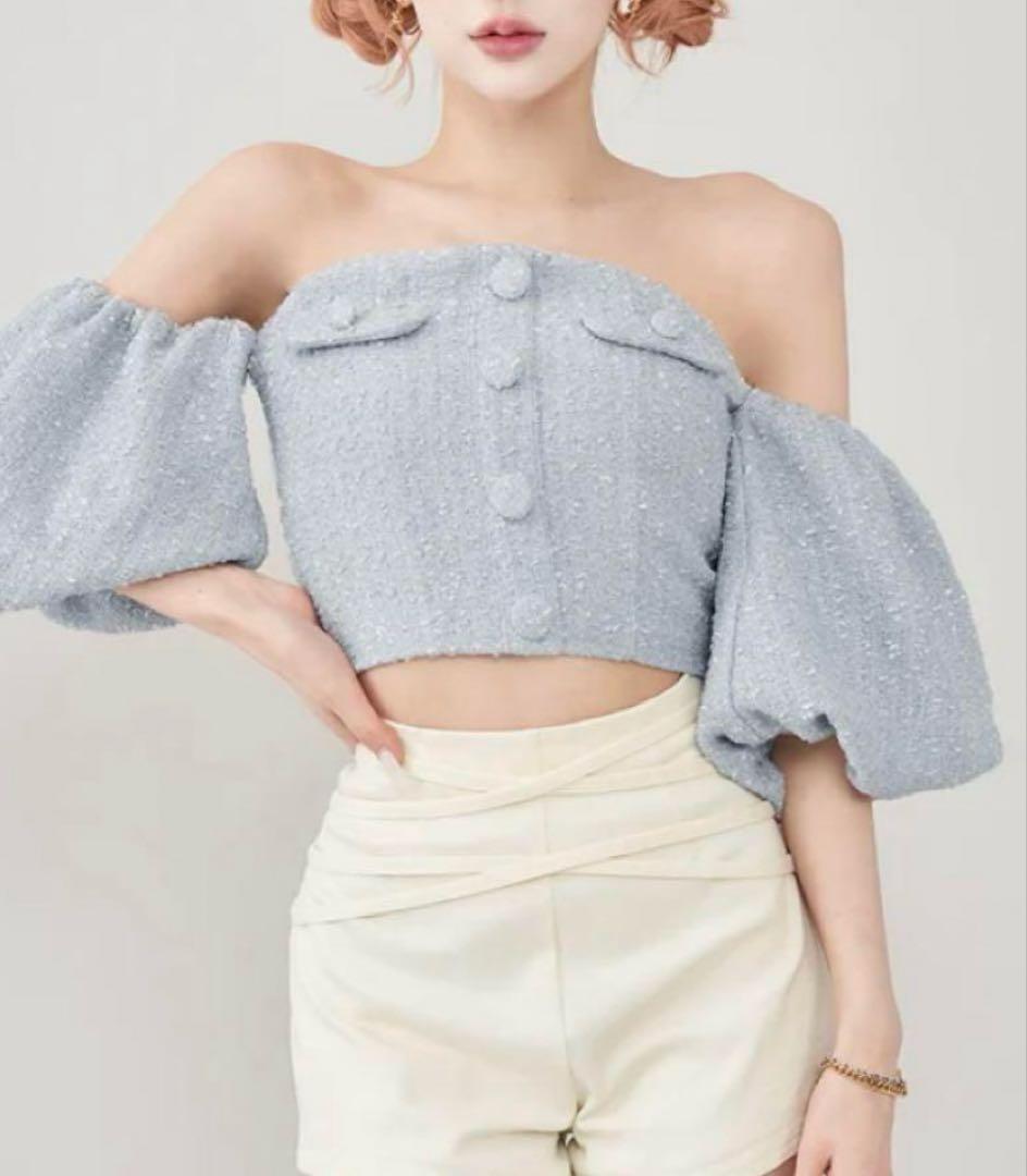 Darich ダーリッチ　ホルターネックオフショルツイードトップス　SAX