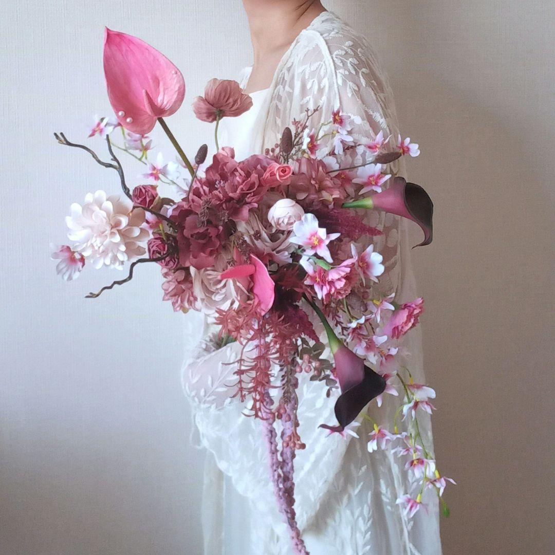 ボルドー　ピンク　アンスリウム　アマランサス　ウェディングブーケ　造花　結婚式