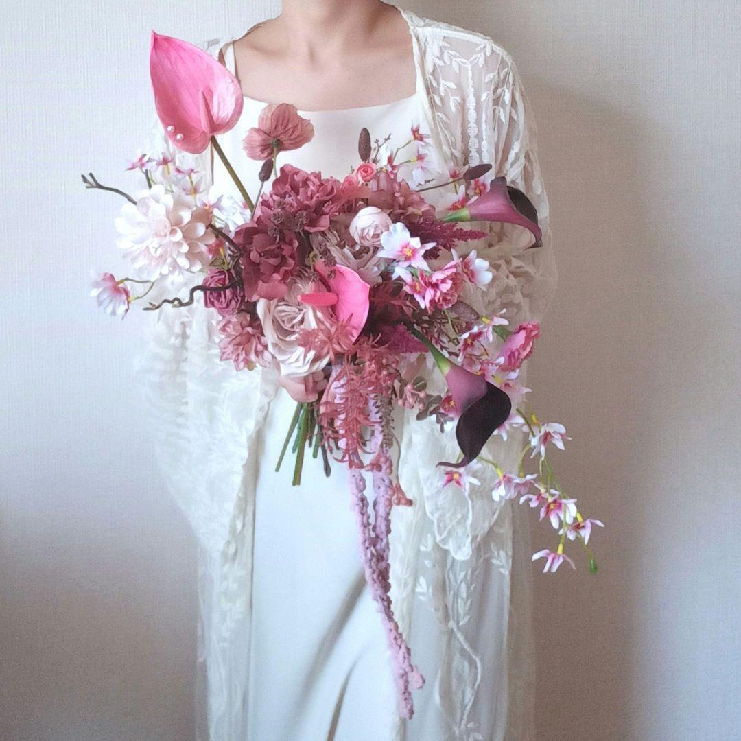 ボルドー　ピンク　アンスリウム　アマランサス　ウェディングブーケ　造花　結婚式