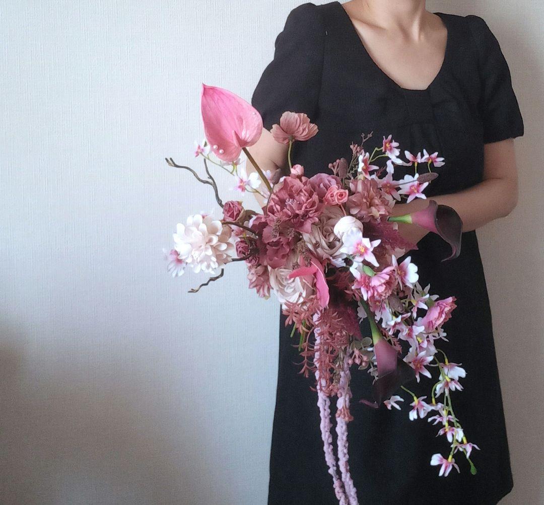 ボルドー　ピンク　アンスリウム　アマランサス　ウェディングブーケ　造花　結婚式