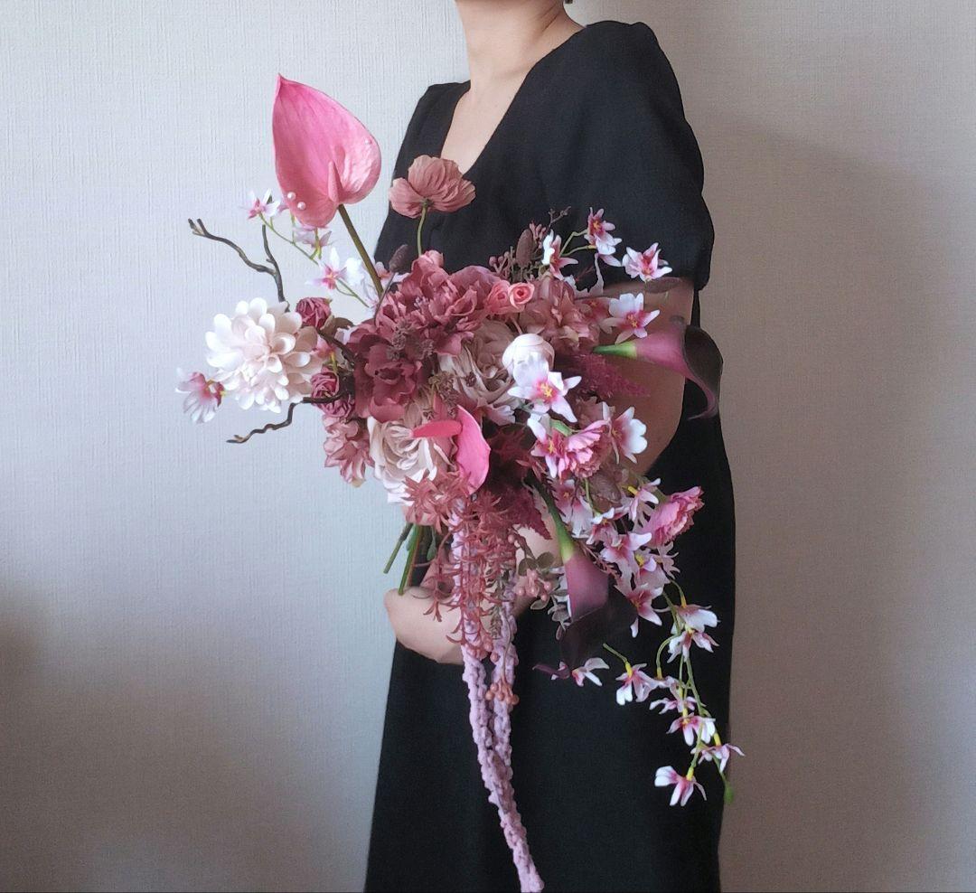 ボルドー　ピンク　アンスリウム　アマランサス　ウェディングブーケ　造花　結婚式