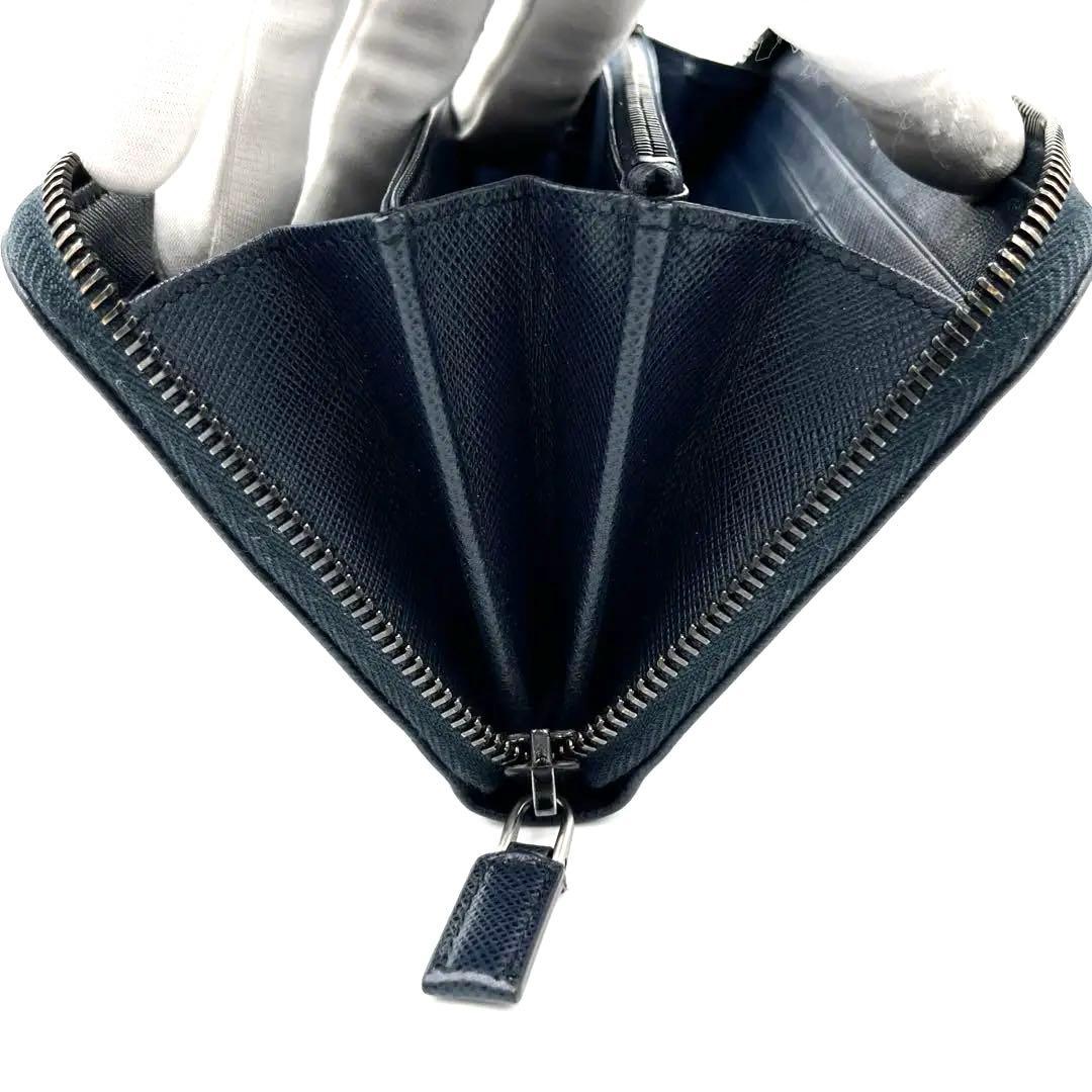 【極美品】PRADA ラウンドファスナー　サフィアーノレザー　ネイビー