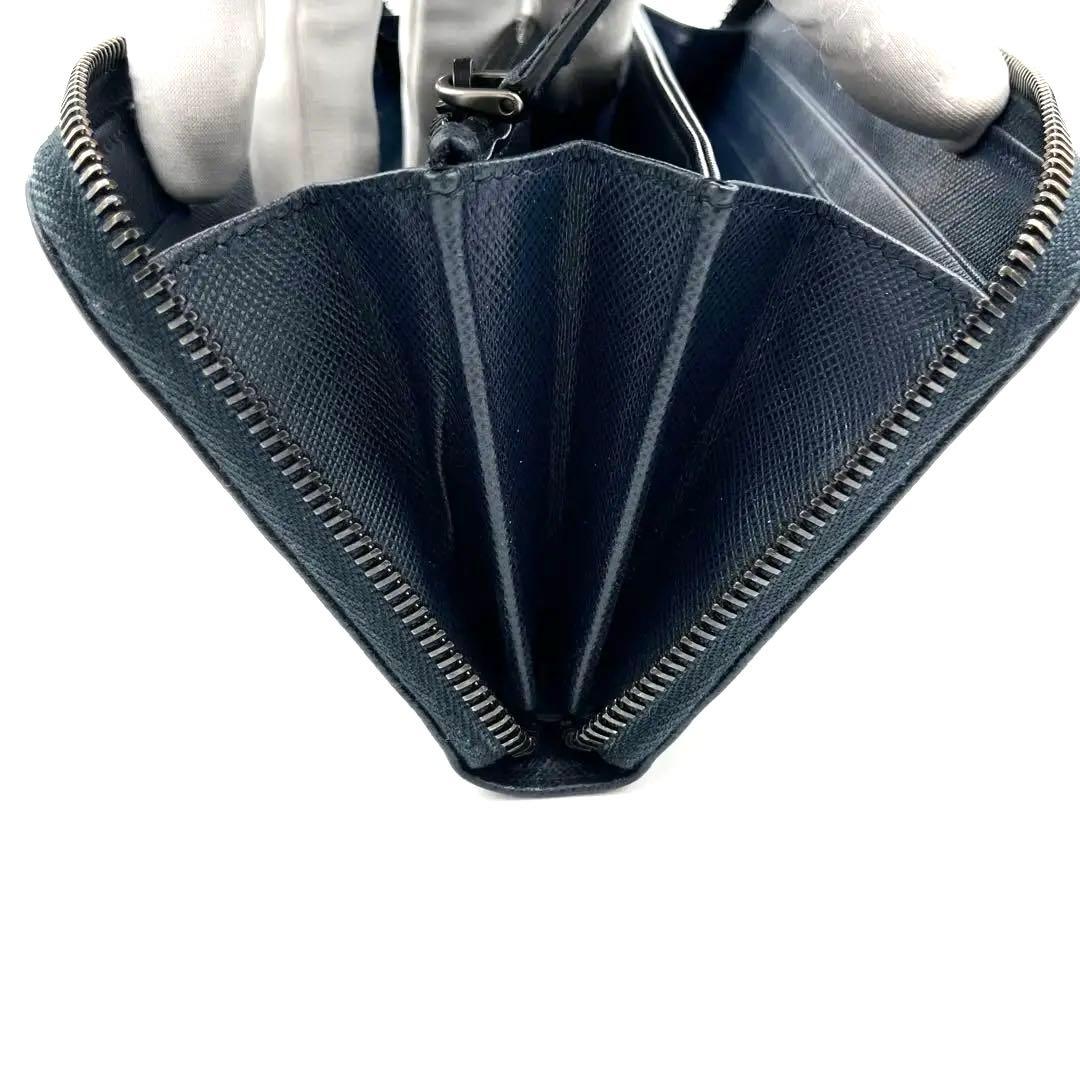 【極美品】PRADA ラウンドファスナー　サフィアーノレザー　ネイビー