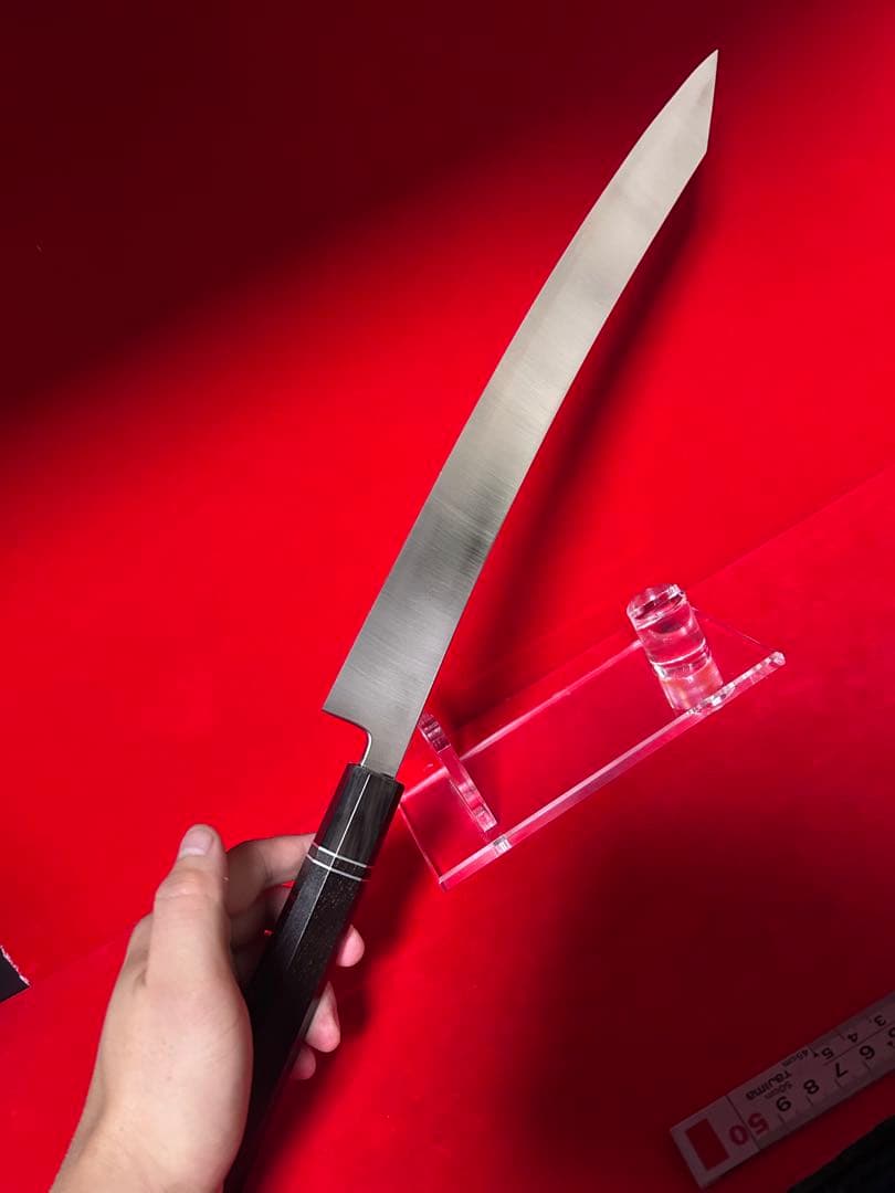 01527 包丁　剣型切付　尺ニ　ヘアライン仕上げ　切味抜群　箱付　未使用品