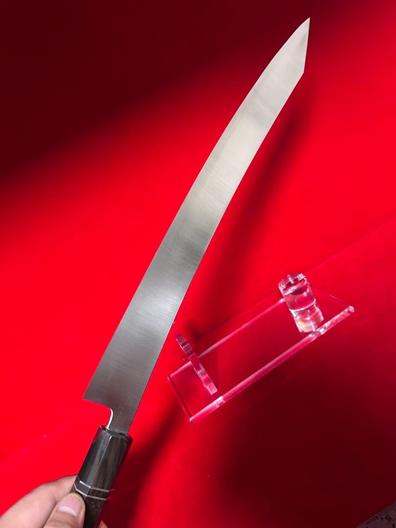 01527 包丁　剣型切付　尺ニ　ヘアライン仕上げ　切味抜群　箱付　未使用品