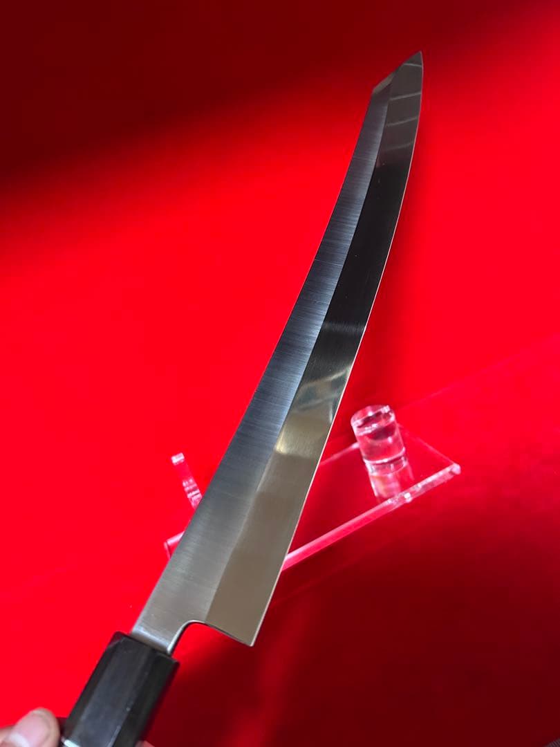 01527 包丁　剣型切付　尺ニ　ヘアライン仕上げ　切味抜群　箱付　未使用品