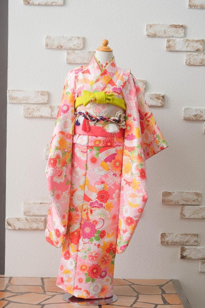 七五三女の子　七歳　花柄 桃色着物