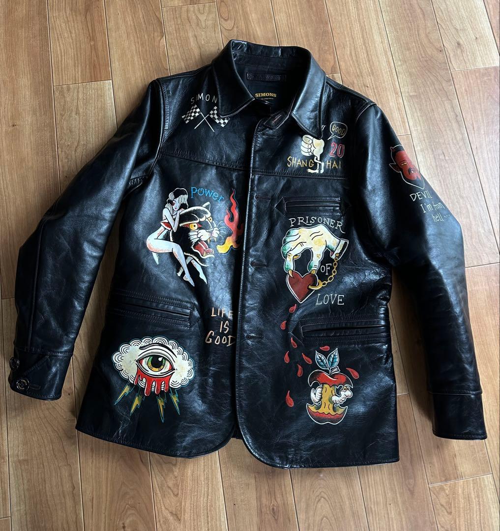 simons Shanghai 手描き茶芯ホースハイドライダースジャケット