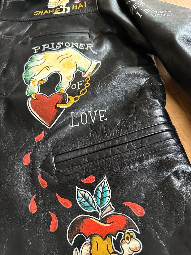 simons Shanghai 手描き茶芯ホースハイドライダースジャケット