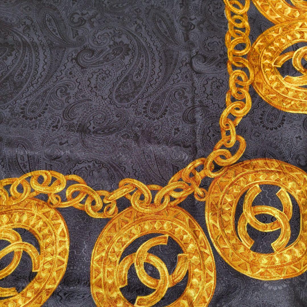 Chanel スカーフ 黒金 チェーン柄 シルク