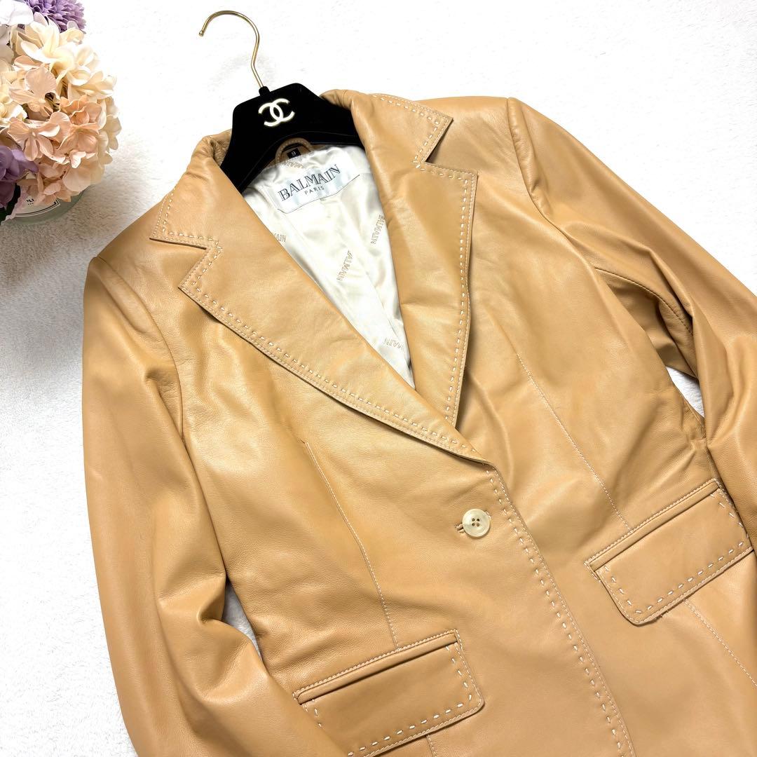BALMAIN バルマン　本革　ラムレザー　テーラードレザージャケット　ベージュ