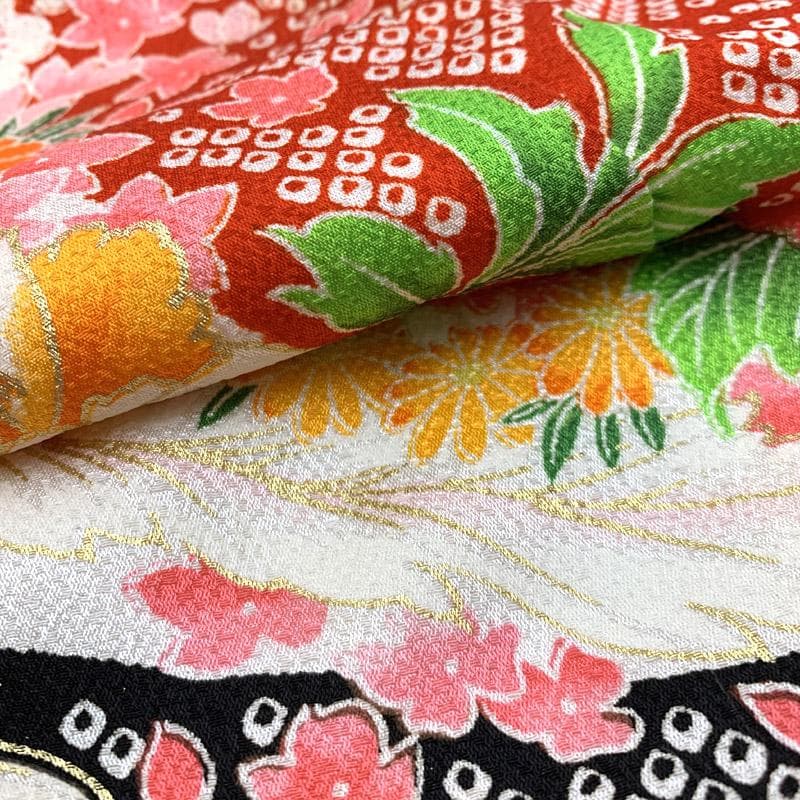 505ag18■七五三 七歳 女児 着物&袋帯&長襦袢 鹿の子 牡丹■状態良好