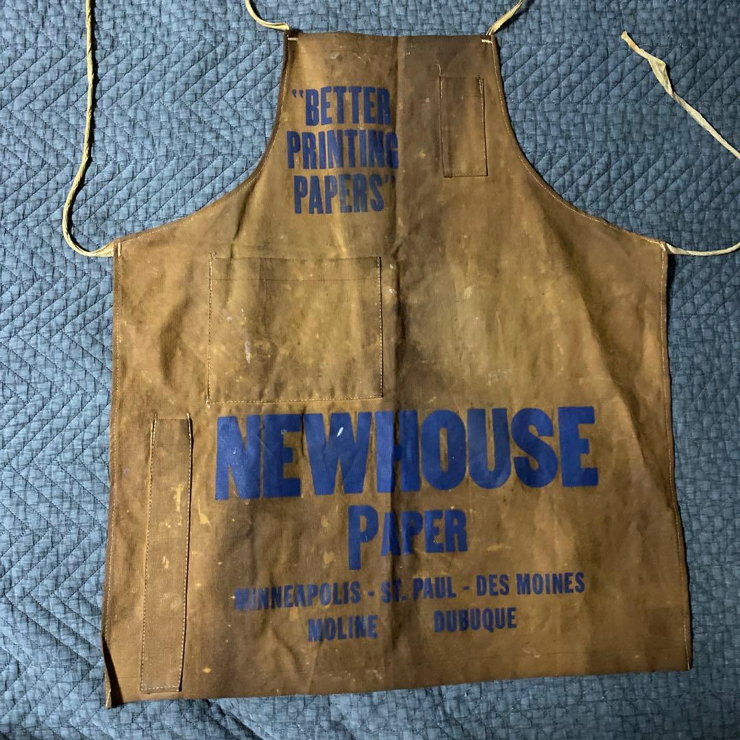 ビンテージ　ニュースペーパー　耳付きキャンバスエプロン