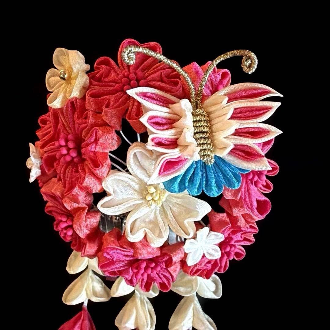 勝山髪飾り 七五三 7歳 (濃いピンク×クリーム色) 蝶