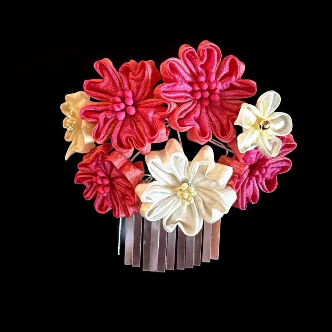 勝山髪飾り 七五三 7歳 (濃いピンク×クリーム色) 蝶