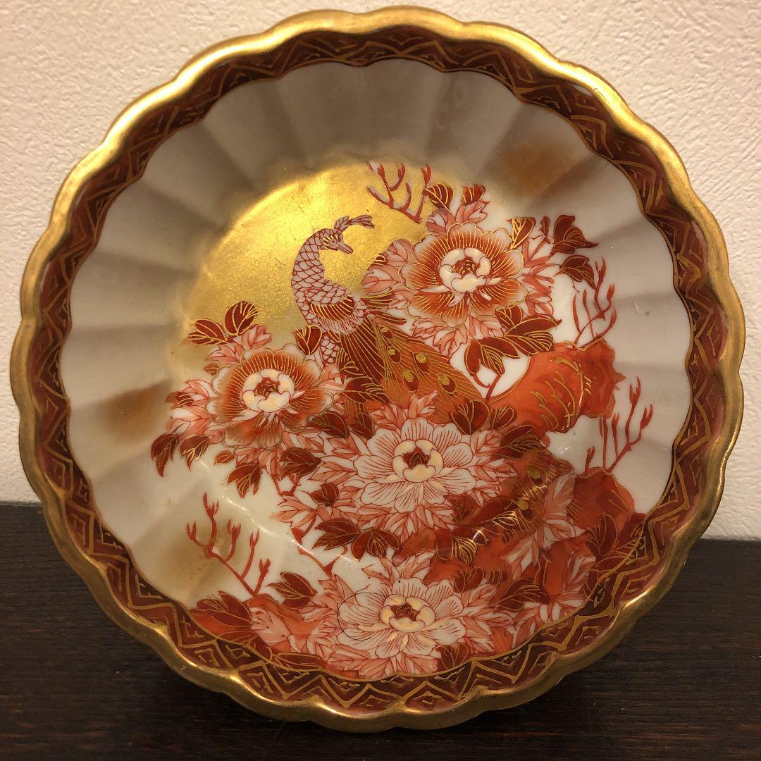 九谷 九谷焼 光崖 光崖釜 変形皿 オードブル 赤絵 孔雀 牡丹 金彩 お正月