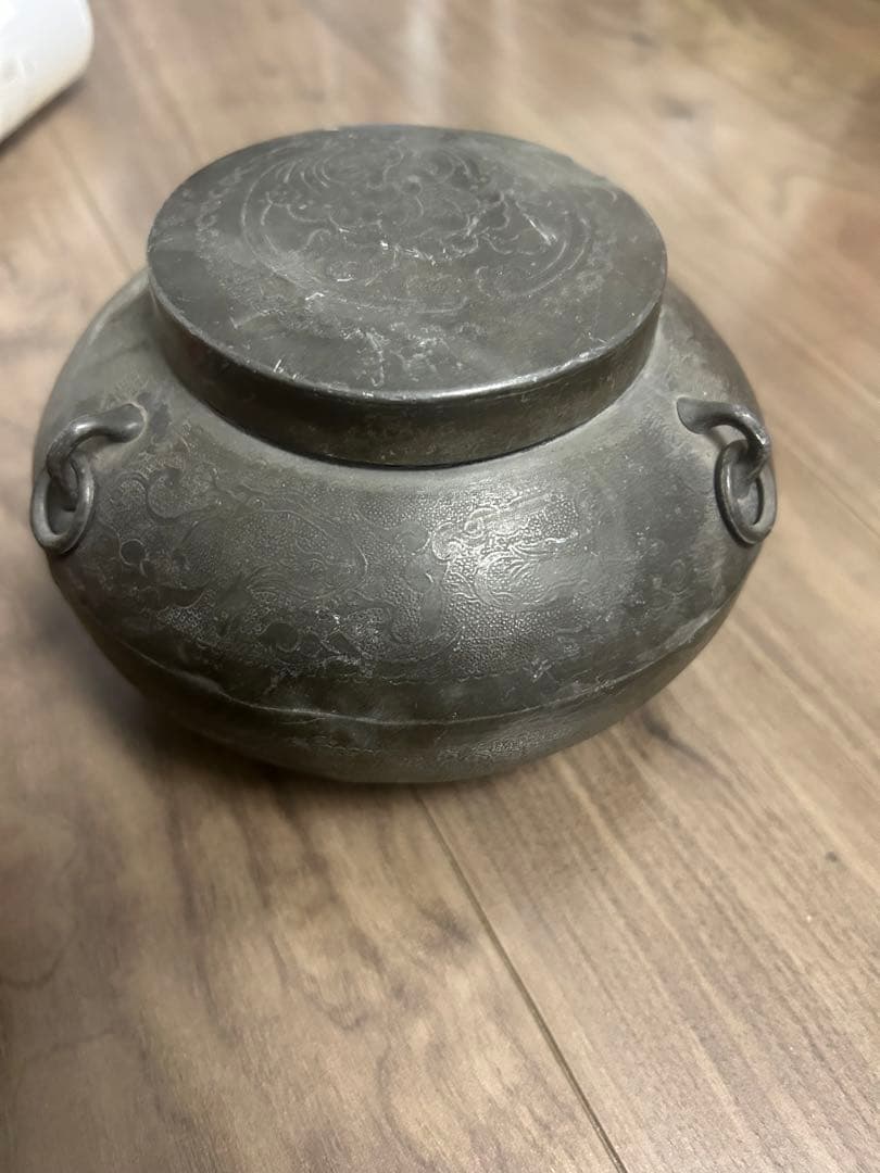 王東文造 古錫製 雲龍鳳凰文刻 三耳壷 茶入 中國古玩 唐物 時代物 骨董品