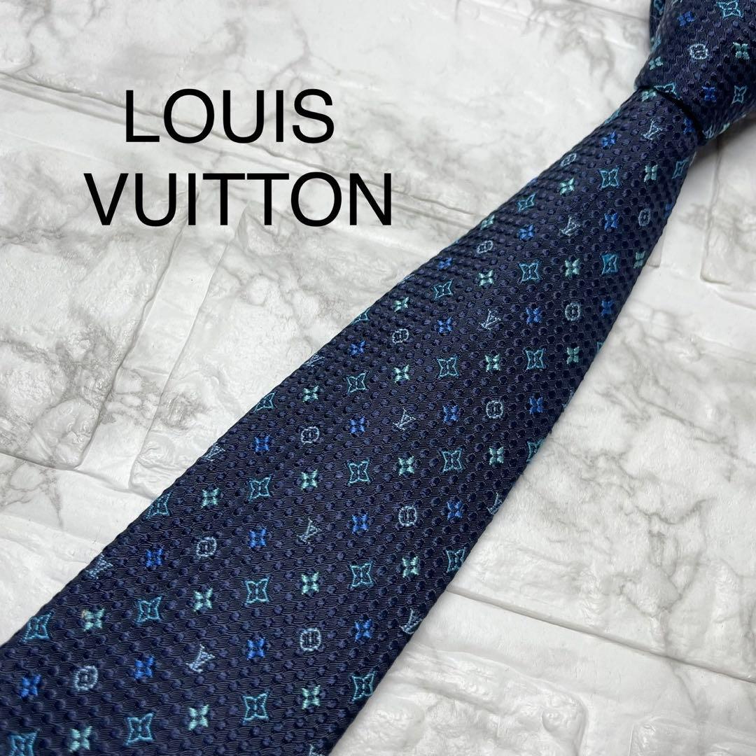 ルイヴィトン　LOUIS VUITTON ネクタイ　モノグラム　ブルー　刺繍