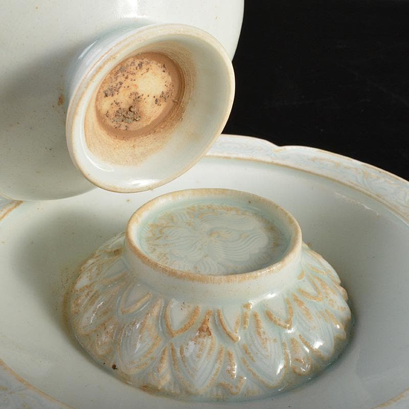 中国　影青　蓮弁刻　輪花盃　盃台　M　7291E