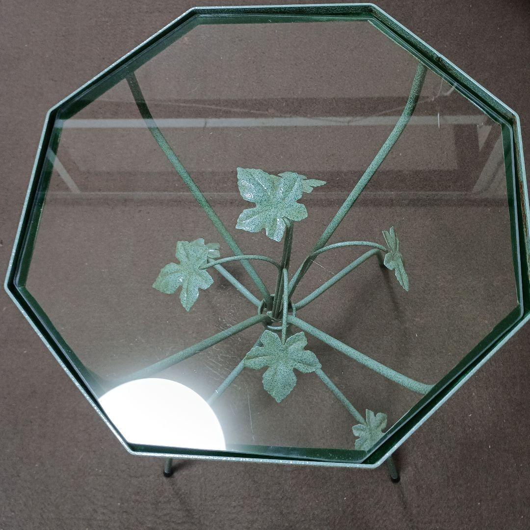 八角形 ガラスアイアンテーブル 葉モチーフ　　中古品