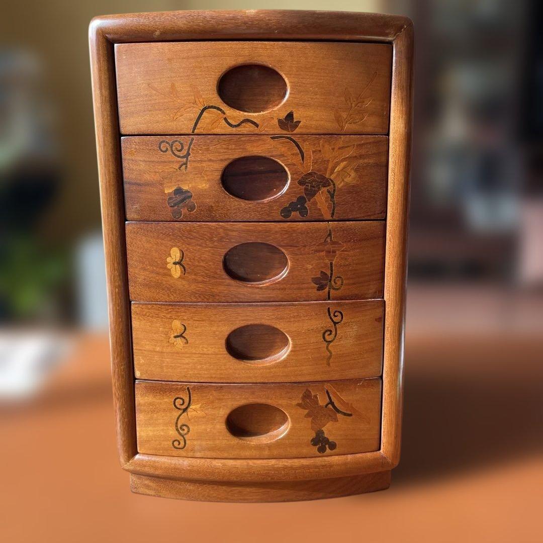 唐木家具花梨無垢材螺鈿細工5段小引出(ブドウと蝶柄)