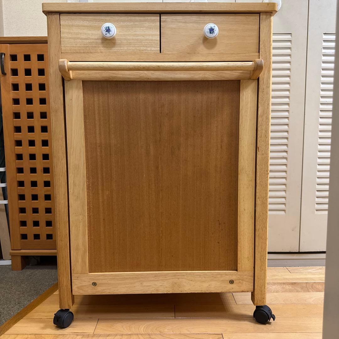 北欧レトロ アイリスオーヤマ 木製 タイル張り キッチンワゴン ダストボックス