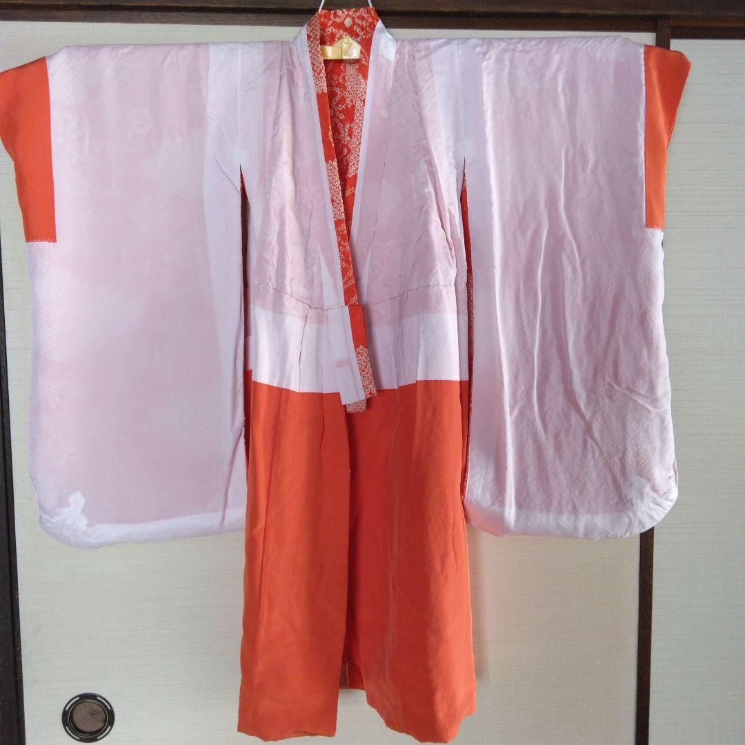 七五三 3歳 長着＆長襦袢 花柄 オレンジ 絞り正絹