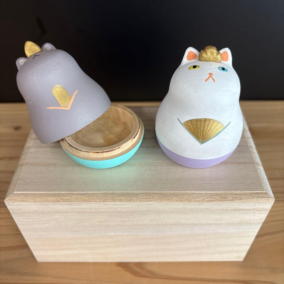 ねこマトリョーシカ　木製　白グレー