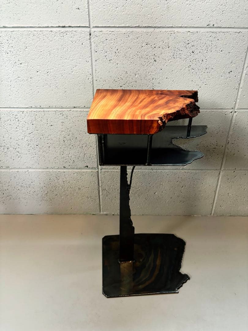 欅サイドテーブルアイアン家具観葉植物一輪挿し花台一枚板盆栽台