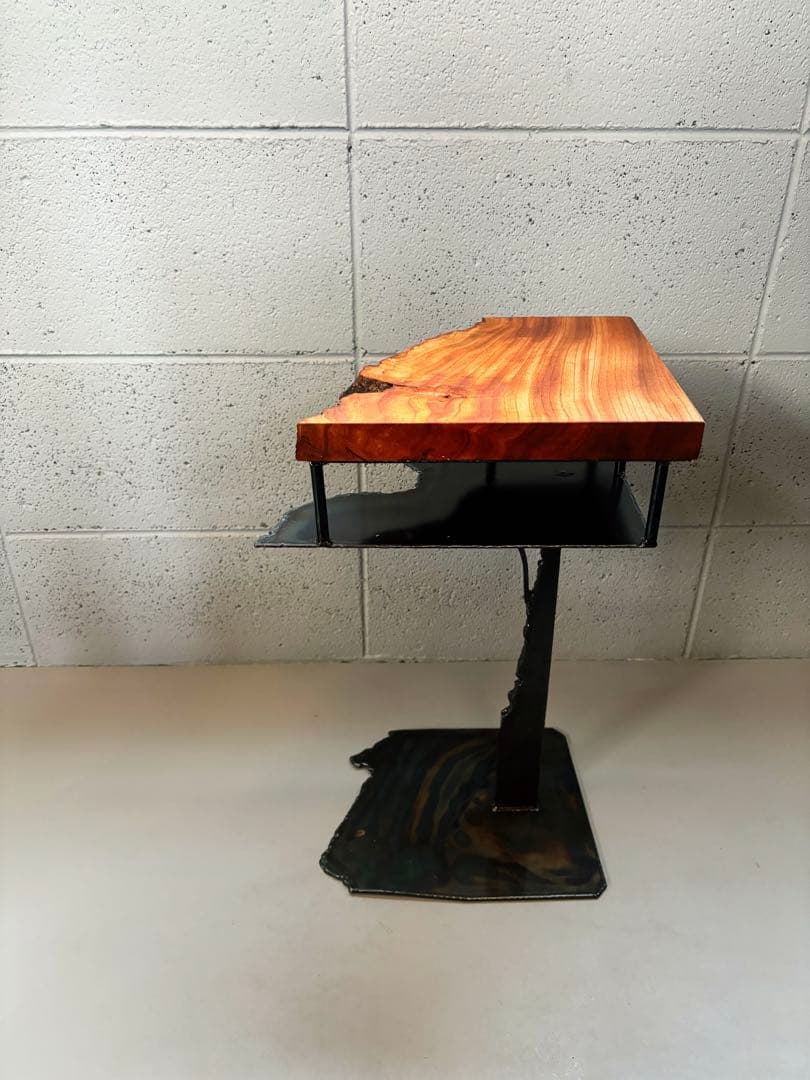 欅サイドテーブルアイアン家具観葉植物一輪挿し花台一枚板盆栽台