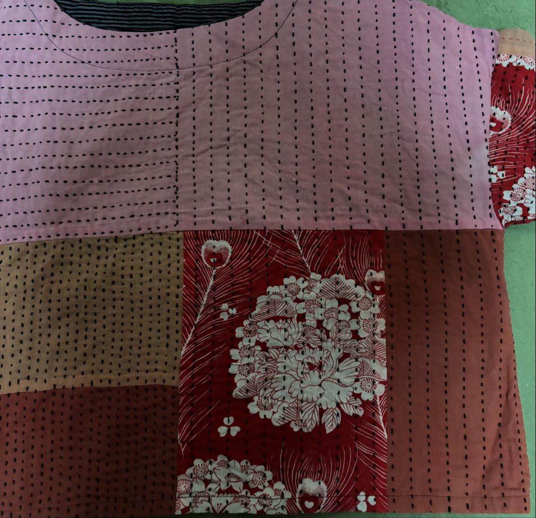 古布リメイク紅花染め 花柄トップス刺し子