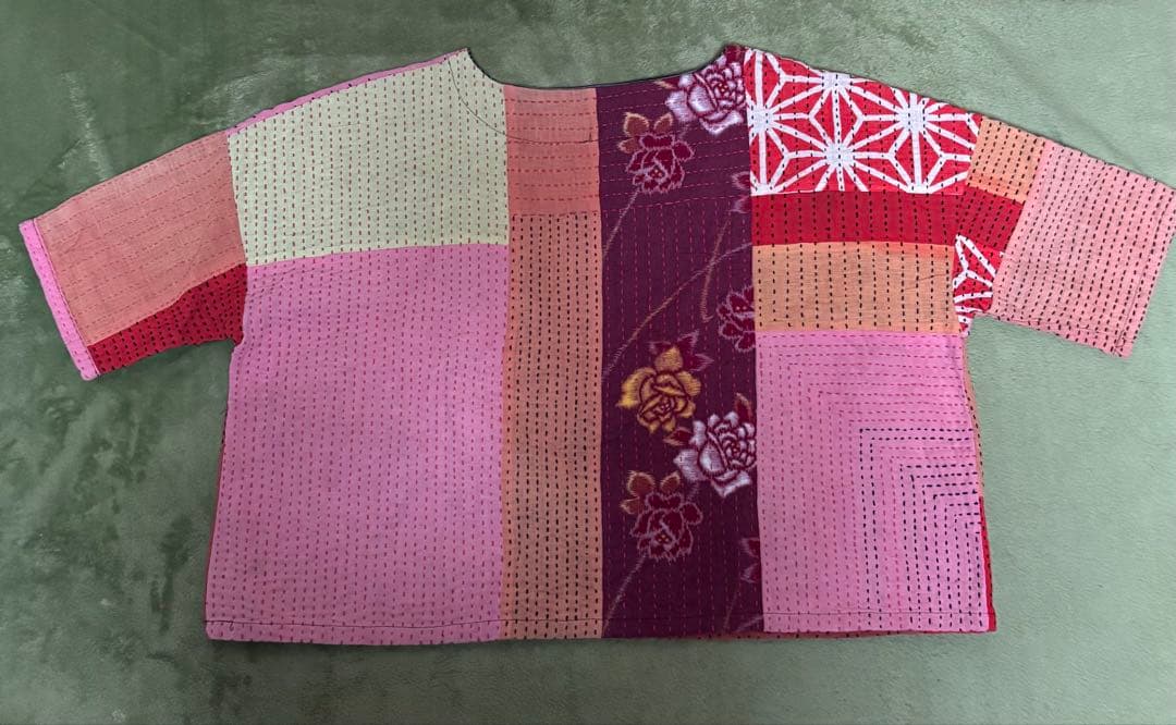 古布リメイク紅花染め 花柄トップス刺し子