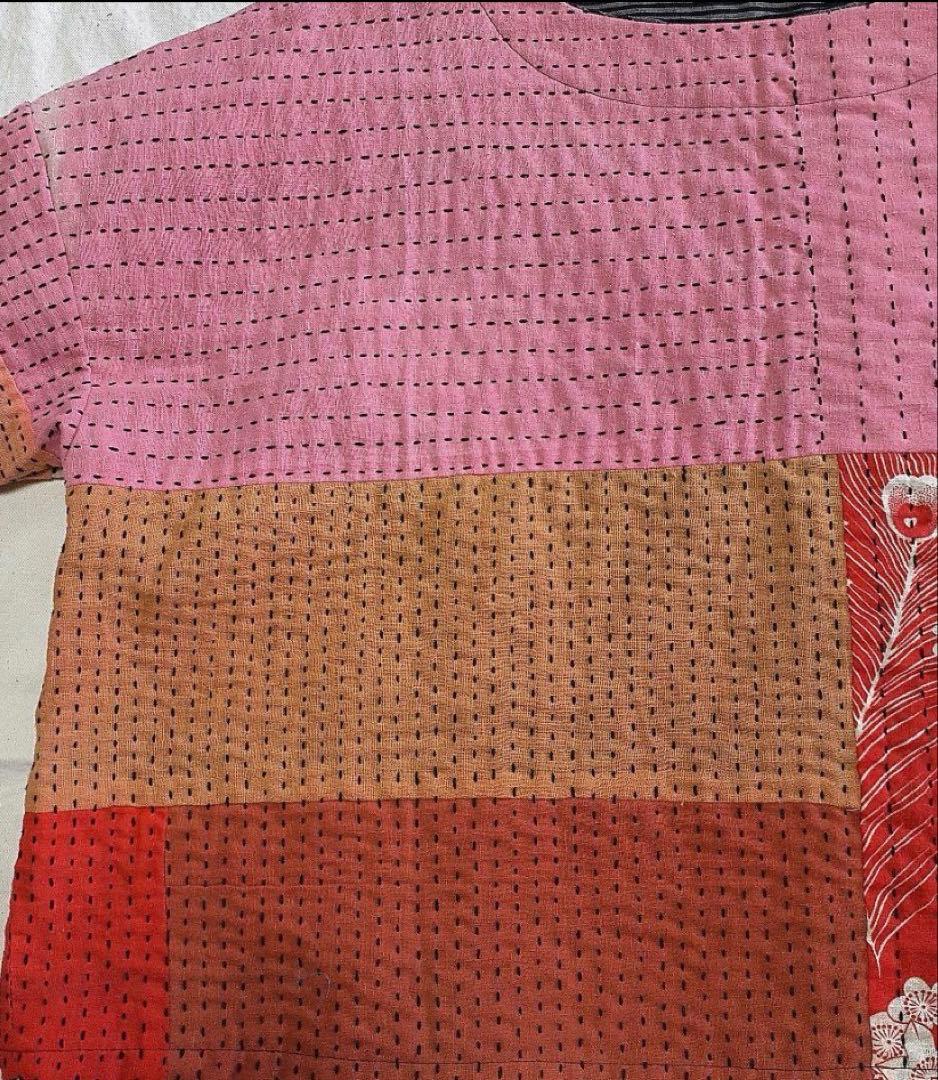 古布リメイク紅花染め 花柄トップス刺し子