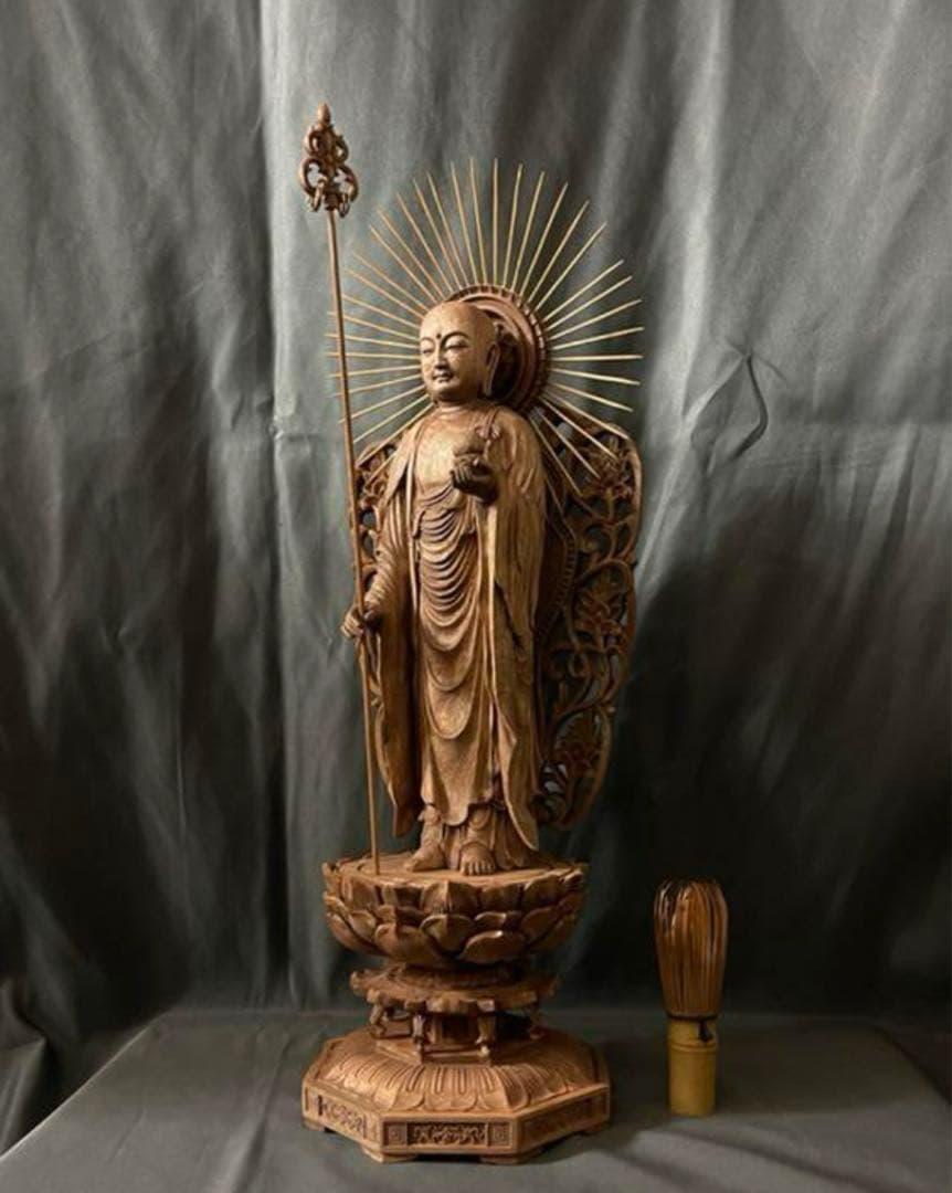 大型高46cm 井波彫刻　仏教工芸品　楠材製　極上彫　木彫仏像　地蔵菩薩立像