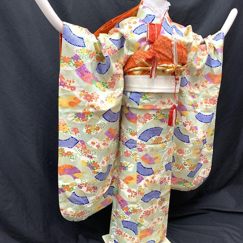 506ag56□七五三 七歳 女児 着物&袋帯 総柄 金彩 扇□状態良好